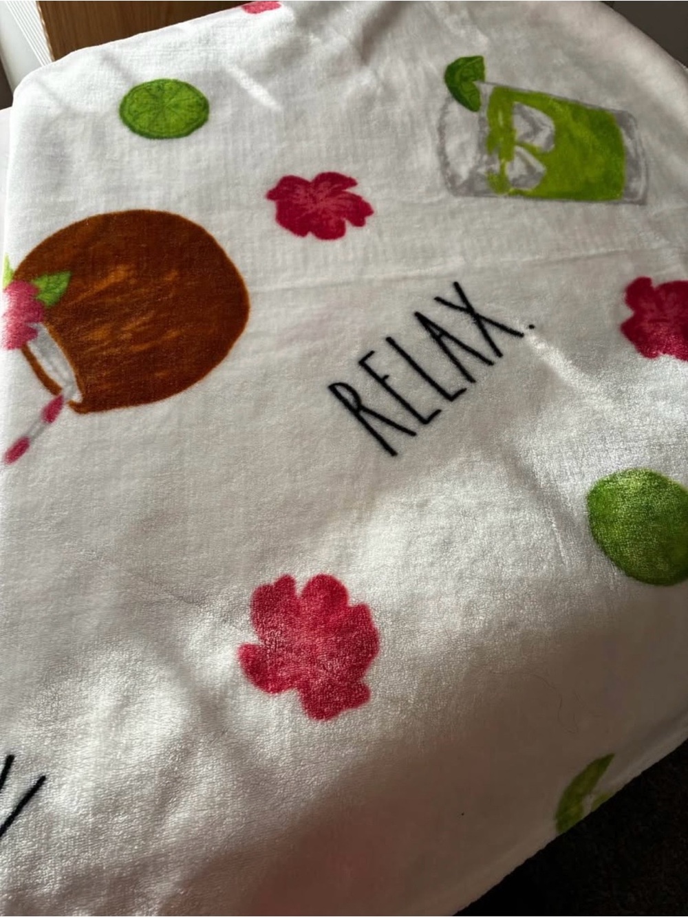 Rae Dunn White Plush Throw with Pink Flowers, Green Citrus & Brown Coconut